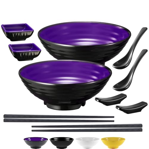 Unbreakable Ramen Bowl Set with Chopsticks and Spoon (2 Bowl Set / Purple & Black)