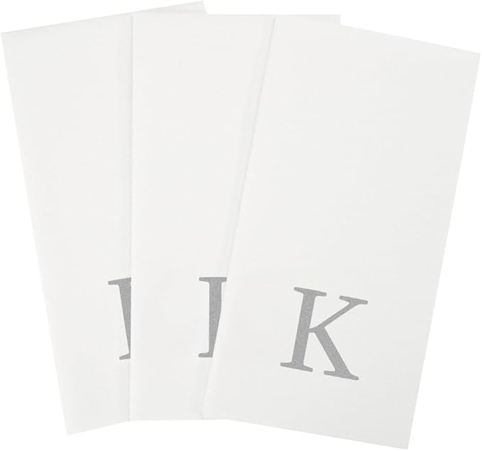 Luxenap 15.8 X 7.9 Inch Linen-Feel Guest Towels, 50 Lettered Hand Towels - Silver Letter 'K', Sans Serif Font, White Paper Dinner Napkins, airlaid, For Restrooms And Tables - Restaurantware