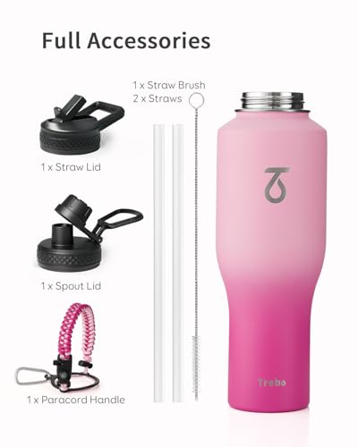 40 oz Water Bottle Insulated Fit in Any Car Cup Holder with 2 Lids (40 Ounces / Gradient Pink)