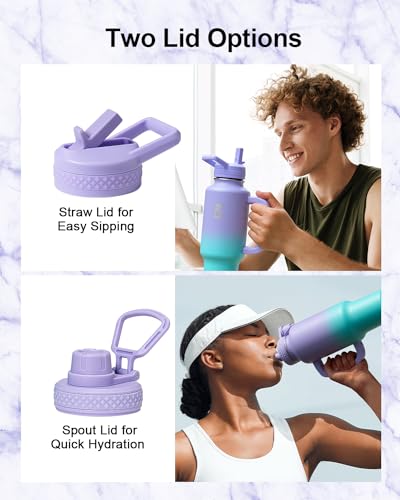 Insulated Water Bottle 40 oz Fits in Car Cup Holder with Side Handle (40 Ounces / Purple green)