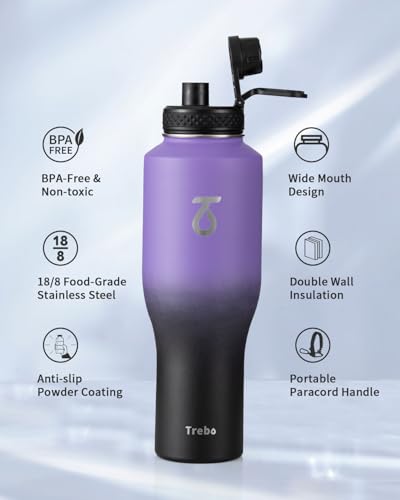 32 oz Water Bottle Insulated Fits in Any Car Cup Holder with 2 Lids (32 Ounces / Dark Purple)