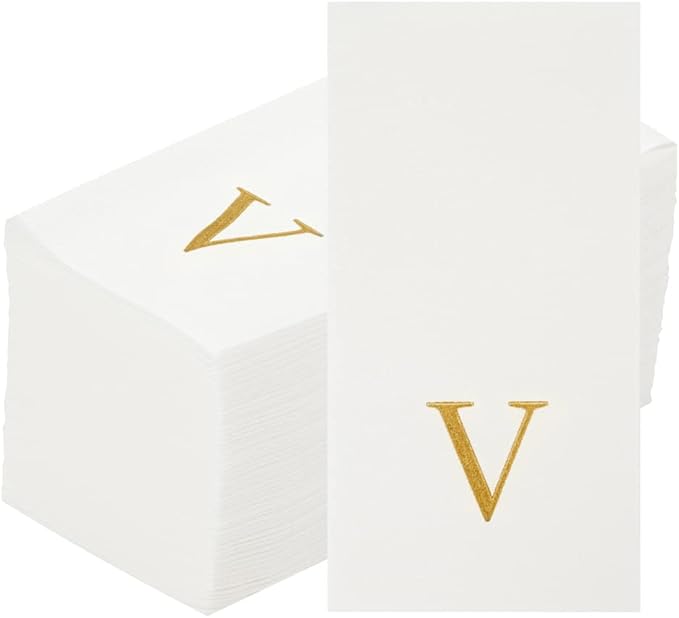 Luxenap 15.8 X 7.9 Inch Linen-Feel Guest Towels, 2000 Lettered Hand Towels - Gold Letter 'V', Sans Serif Font, White Paper Dinner Napkins, airlaid, For Restrooms And Tables