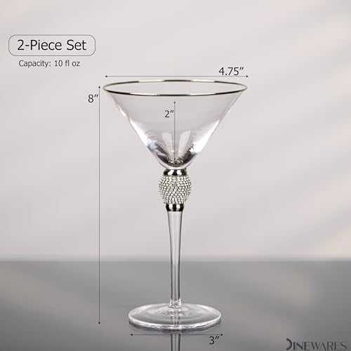 2 Piece Premium Clear Stem Crystal Martini Glasses with Silver Rim and Diamond