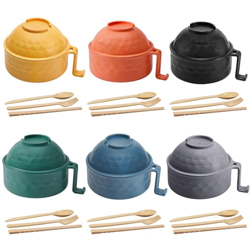 6 Sets Microwave Ramen Bowl with Utensils Bulk (Elegant Colors)