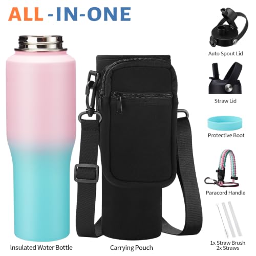 32oz Insulated Water Bottle with Straw Lid (Green Pink / 32 Ounces)