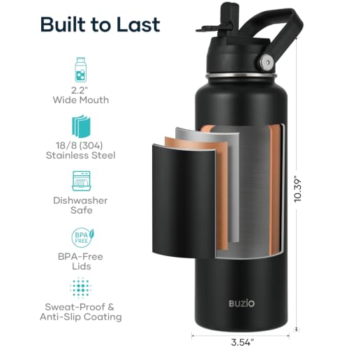 40 oz Insulated Water Bottle with Paracord Handle & Straw Spout Lids (40 Ounces / Black)