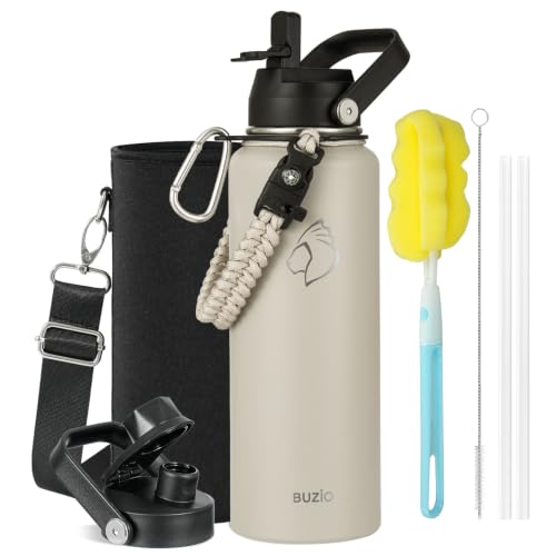 40 oz Insulated Water Bottle with Paracord Handle & Straw Spout Lids (40 Ounces / Greige)