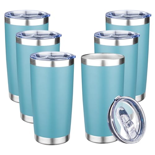 20oz Tumbler with Lid Double Wall Vacuum Insulated Travel Coffee Mug Stainless Steel Thermal Cup Powder Coated Sturdy Coffee Tumbler Bulk for Hot and Cold Beverage (20 Ounces (6 Pack) / Glacier blue)