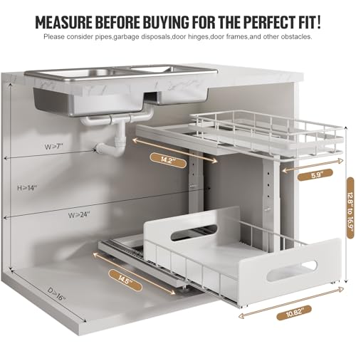 Under Sink Organizer Upgrade To Professional Rails (White / 2 Pack-14.5"Dx12.8"-16.9"H)