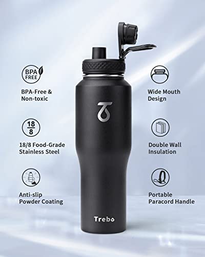 32 oz Water Bottle Insulated Fits in Any Car Cup Holder with 2 Lids (32 Ounces / Black)