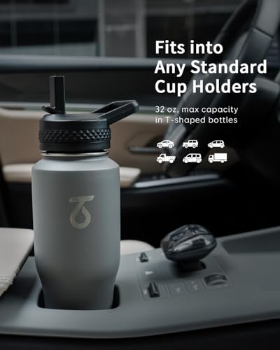 32 oz Water Bottle Insulated Fits in Any Car Cup Holder with 2 Lids (32 Ounces / Gray)