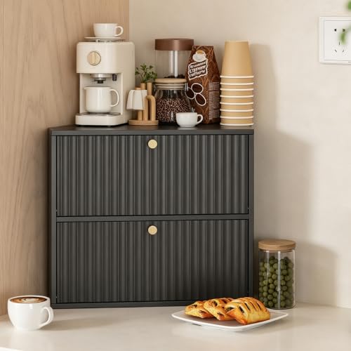 Corner Bread Box for Kitchen Countertop Bamboo Two Layer Large Capacity Bread Storage Bin Vintage Storage for Homemade Bread (Black)