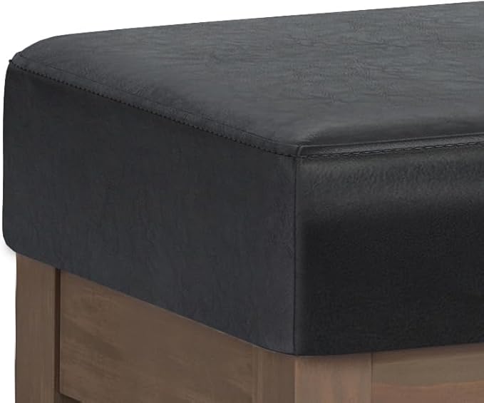 SIMPLIHOME Milltown Large Ottoman Bench - 44 inch Wide Upholstered Vegan Leather Rectangle Footstool Ottoman in Midnight Black, Contemporary Bench for Bedroom with Cushioned Seat, Assembled
