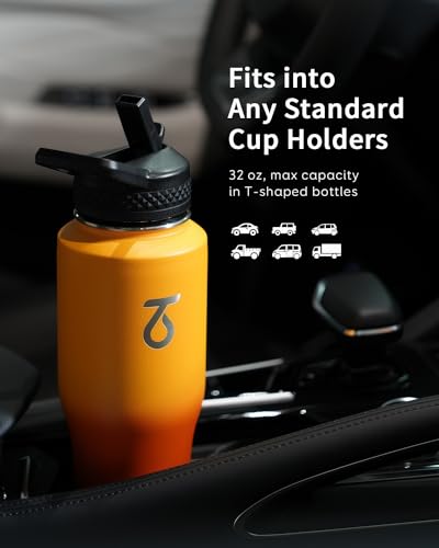 32 oz Water Bottle Insulated Fits in Any Car Cup Holder with 2 Lids (32 Ounces / Orange)