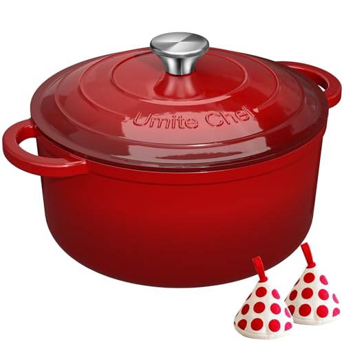 7QT Enameled Cast Iron Dutch Oven with Lid & Cotton Potholders