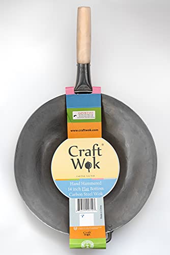 Flat Hand Hammered Carbon Steel Pow Wok with Wooden and Steel Helper Handle (14-inch)