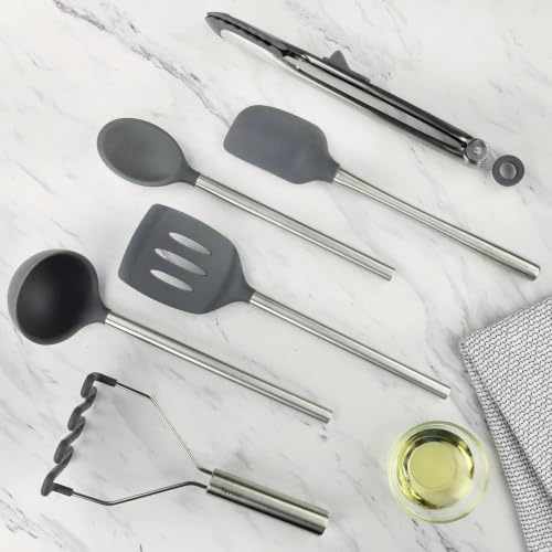 Silicone Cooking Utensil Set of 6 Stainless Steel Handle Ladle Slotted Turner Tongs Flex Core Spatula Scraper Mixing Spoon & Potato Masher (Charcoal)