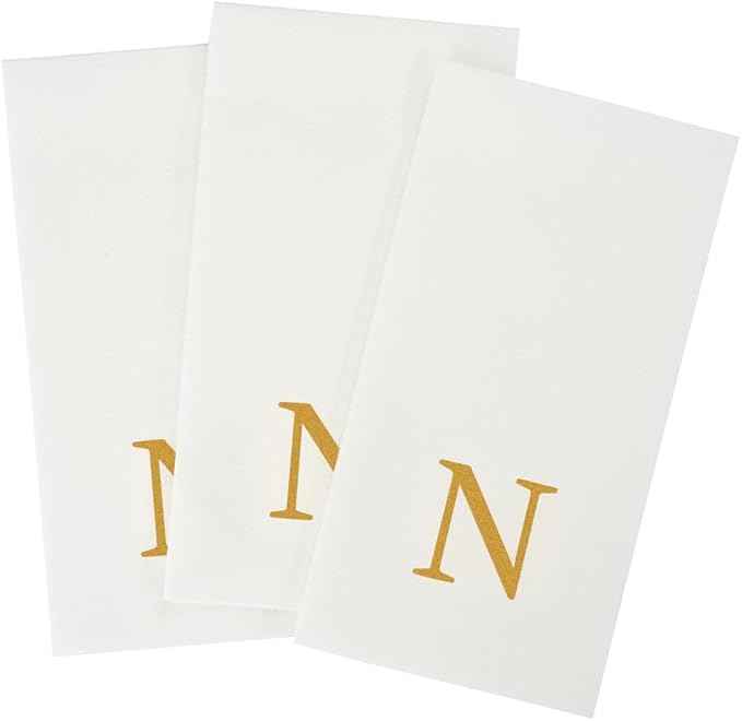 Luxenap 15.8 X 7.9 Inch Linen-Feel Guest Towels, 2000 Lettered Hand Towels - Gold Letter 'N', Sans Serif Font, White Paper Dinner Napkins, airlaid, For Restrooms And Tables