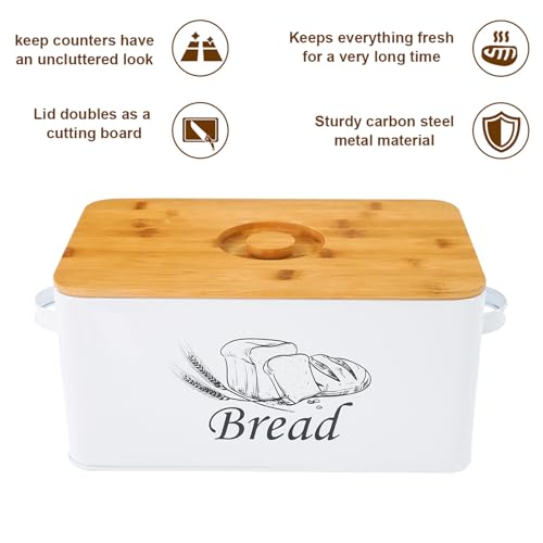 Bread Box with 3pcs Jars Coffee Sugar Tea for Kitchen Countertop White Metal Bread Box with Bamboo Board Cover Pastry Storage Container Set Kitchen decor (White Bread Box Set)