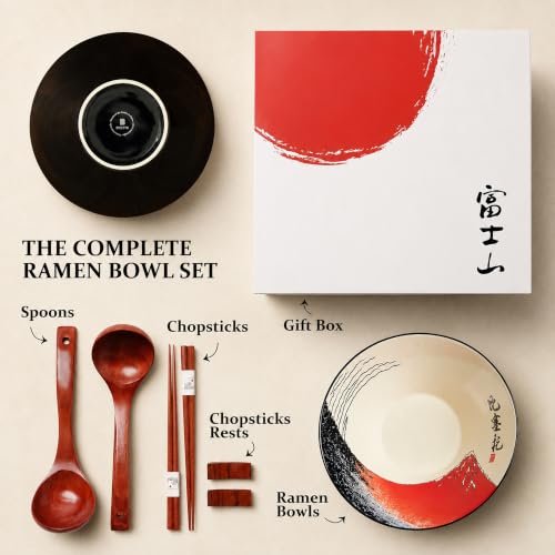 Japanese Ramen Bowl Set with Red Fuji Design (Red Fuji / 9 inch)