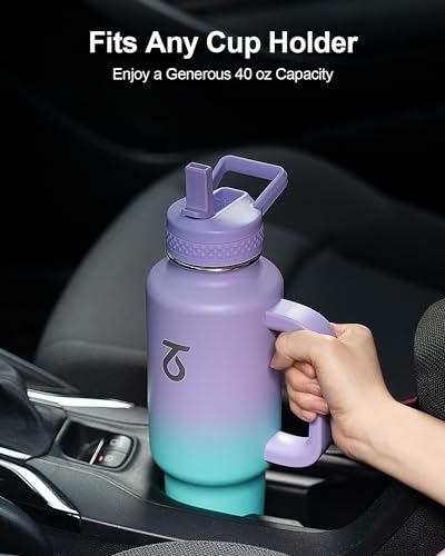 Insulated Water Bottle 40 oz Fits in Car Cup Holder with Side Handle (40 Ounces / Purple green)