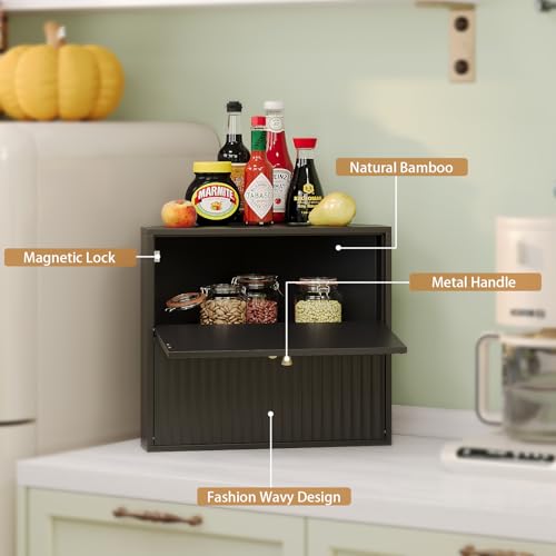 Corner Bread Box for Kitchen Countertop Bamboo Two Layer Large Capacity Bread Storage Bin Vintage Storage for Homemade Bread (Black)