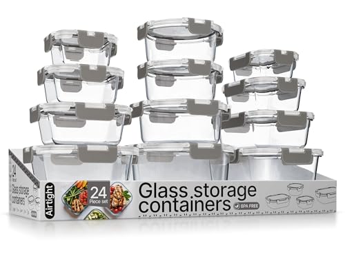 Bakken Borosilicate Glass Food Storage Containers with Lids 24 Pieces (Gray)