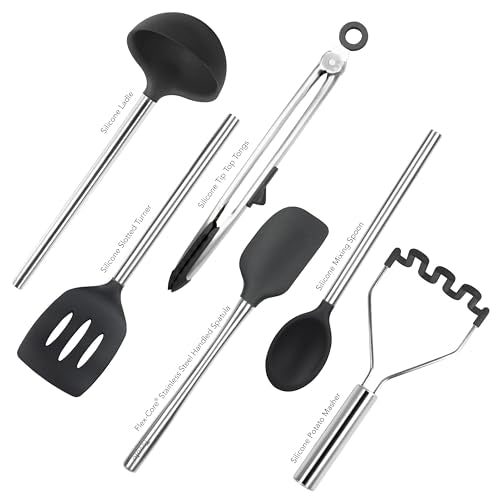 Silicone Cooking Utensil Set of 6 Stainless Steel Handle Ladle Slotted Turner Tongs Flex Core Spatula Scraper Mixing Spoon & Potato Masher (Black)