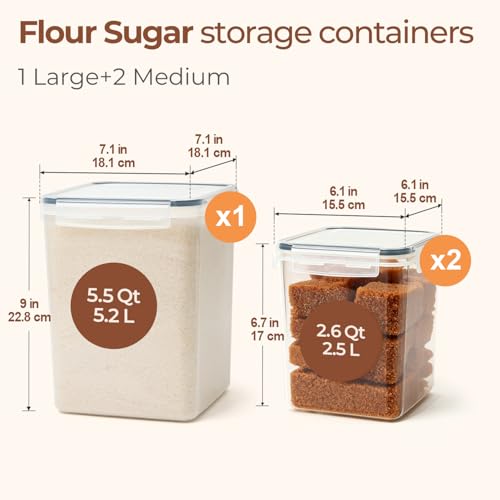 Airtight Flour and Sugar Container 2.6Qt & 5.5Qt 3Pack (5.5Qt/2.6Qt-Square)