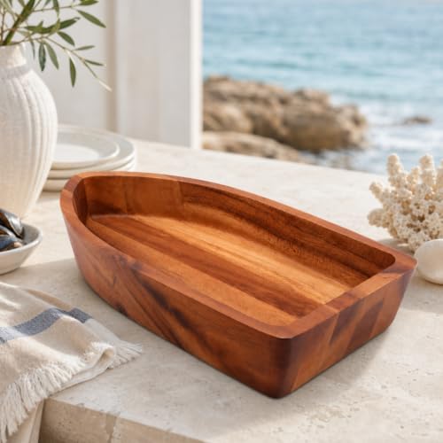 Boat Shape Acacia Wood Serving Bowl (3" Tall x 9" Wide x 16" Long)