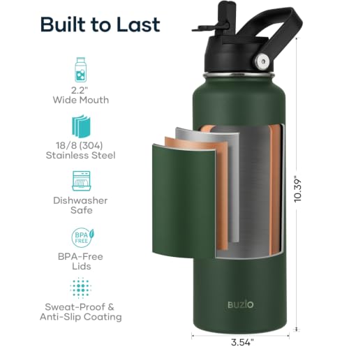 40 oz Insulated Water Bottle with Paracord Handle & Straw Spout Lids (40 Ounces / Jungle Green)