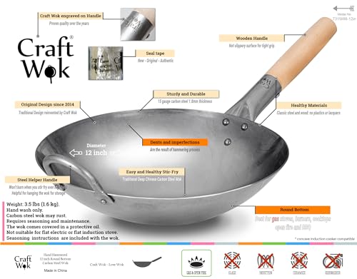 Traditional Hand Hammered Chinese Carbon Steel Wok with Wooden and Steel Helper Handle (12-in)
