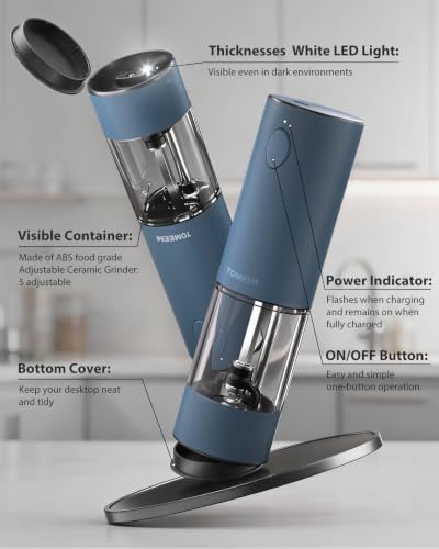 Larger Capacity Rechargeable Electric Salt and Pepper Grinder Set (Blue)