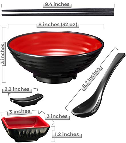 Unbreakable Ramen Bowl Set with Chopsticks and Spoon (2 Bowl Set / Red & Black)