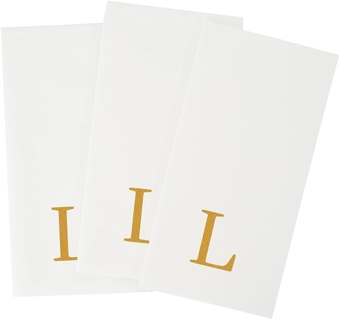 Luxenap 15.8 X 7.9 Inch Linen-Feel Guest Towels, 50 Lettered Hand Towels - Gold Letter 'L', Sans Serif Font, White Paper Dinner Napkins, airlaid, For Restrooms And Tables
