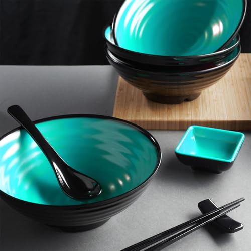 Unbreakable Ramen Bowl Set with Chopsticks and Spoon (2 Bowl Set / Teal & Black)