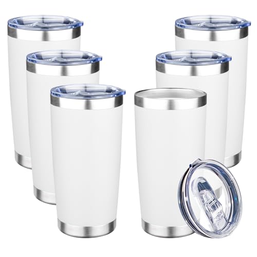 20oz Tumbler with Lid Double Wall Vacuum Insulated Travel Coffee Mug Stainless Steel Thermal Cup Powder Coated Sturdy Coffee Tumbler Bulk for Hot and Cold Beverage (20 Ounces (6 Pack) / White)