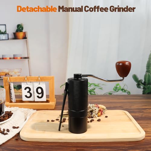 Manual Coffee Grinder Gift Box Detachable Stainless Steel Conical Burr Aluminum Coffee Bean Grinder with 25 Grinding Settings Cleaning Brush Grindable Espresso Moka Pot for Camping Black (Detachable / Black)