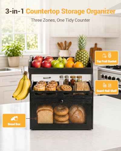 Bread Box for Kitchen Countertop (Black)