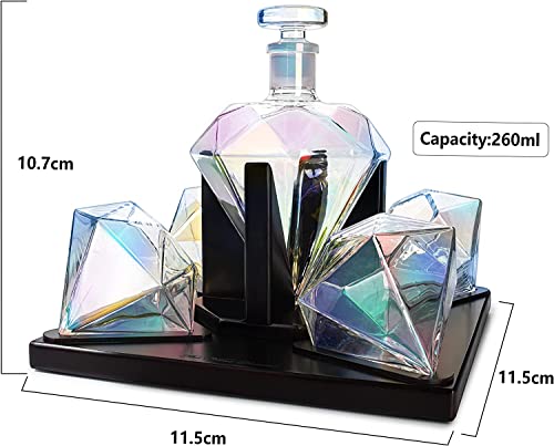 Diamond Whiskey Decanter With 4 Iridescent Glasses 750ML Mahogany Wood Tray