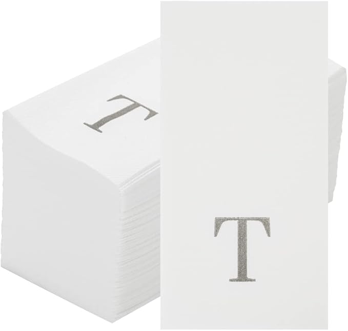 Luxenap 15.8 X 7.9 Inch Linen-Feel Guest Towels, 2000 Lettered Hand Towels - Silver Letter 'T', Sans Serif Font, White Paper Dinner Napkins, airlaid, For Restrooms And Tables - Restaurantware