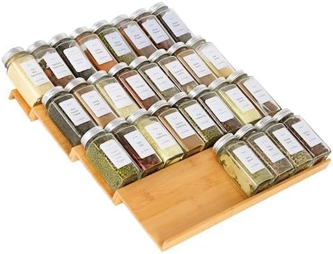 Spice Drawer Organzier,4 Tiers Bamboo Spice Rack Tray Insert for Cabinet Drawer Countertop, Kitchen Seasoning Storage Drawer Organization,14.57" Wide x 15.8" Deep (Hold UP To 32 Jars