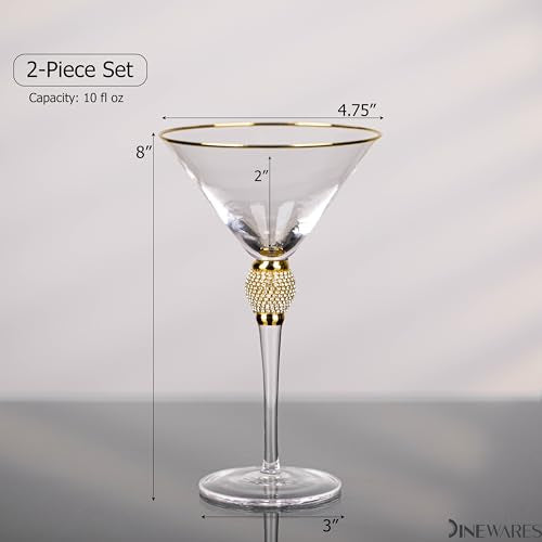 2 Piece Premium Clear Stem Crystal Martini Glasses with Gold Rim and Diamond