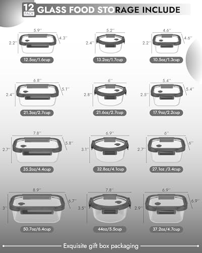 12 Pack Glass Containers with Tempered Lids (Tempered Lids Gray / 12 mixed sizes)