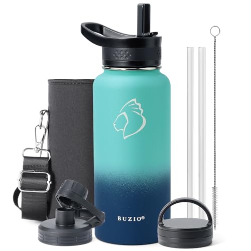 32 oz Water Bottle Insulated with Straw & 3 Lids (32 Ounces / Caribbean Blue)