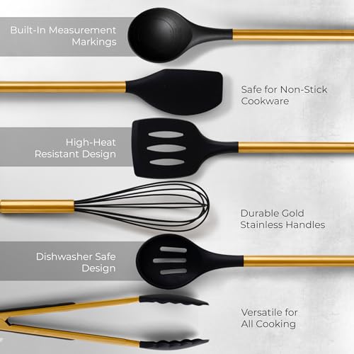 Black and Gold Kitchen Utensils Set with Holder (8PC Black & Gold)