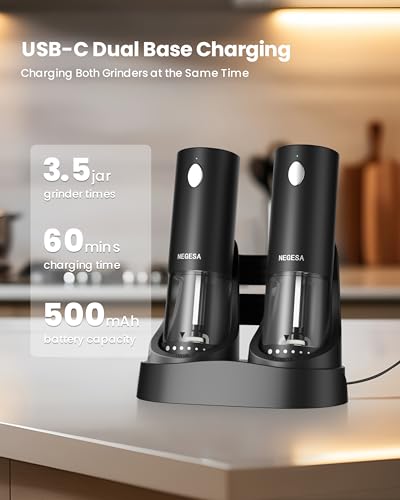 Electric Salt and Pepper Grinder Set with Rechargeable Base (Black / Set)