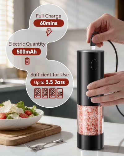 Larger Capacity Rechargeable Electric Salt and Pepper Grinder Set (Black)