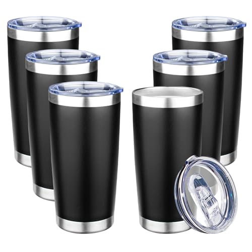 20oz Tumbler with Lid Double Wall Vacuum Insulated Travel Coffee Mug Stainless Steel Thermal Cup Powder Coated Sturdy Coffee Tumbler Bulk for Hot and Cold Beverage (20 Ounces (6 Pack) / Black)