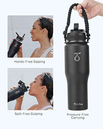 32 oz Water Bottle Insulated Fits in Any Car Cup Holder with 2 Lids (32 Ounces / Black)